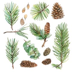 A beautiful watercolor painting of a variety of pine cones and branches
