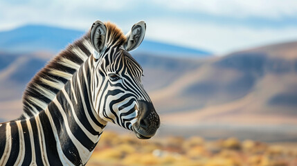 zebra with a mountainous background, the contrasting details of the black and white stripes on the zebra's skin are clearly visible, Ai Generated Images