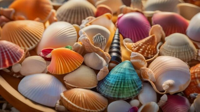 A close-up photograph capturing a collection of colorful seashells. The image showcases the intricate patterns and vibrant hues of the shells, highlighting their natural beauty. 