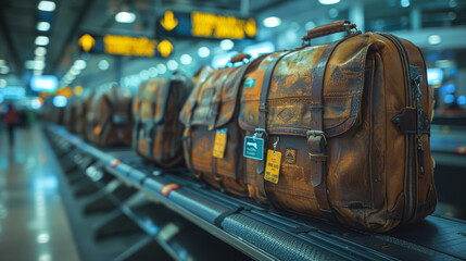 Fototapeta premium Close-up of several brown leather bags lined up along a conveyor belt, seemingly in an airport setting, with tags attached