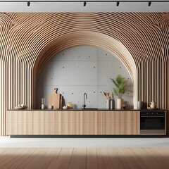 Minimalist interior design of modern kitchen with abstract wood paneling arched wall, Ai-generated