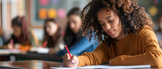 a beautiful student writing class materials on the paper on the classroom table