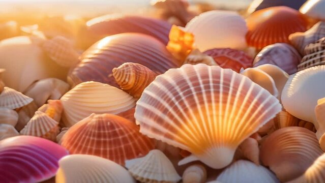 A close-up photograph capturing a collection of colorful seashells. The image showcases the intricate patterns and vibrant hues of the shells, highlighting their natural beauty. 