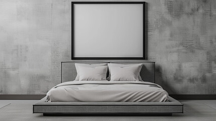 A bedroom wall mockup with a black frame above a gray bed featuring a modern platform design, against a matching gray wall.