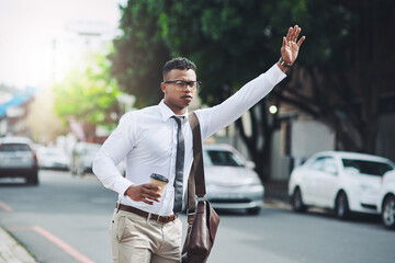 Business, travel and man with hand for taxi, attention and public transport in city on morning work...