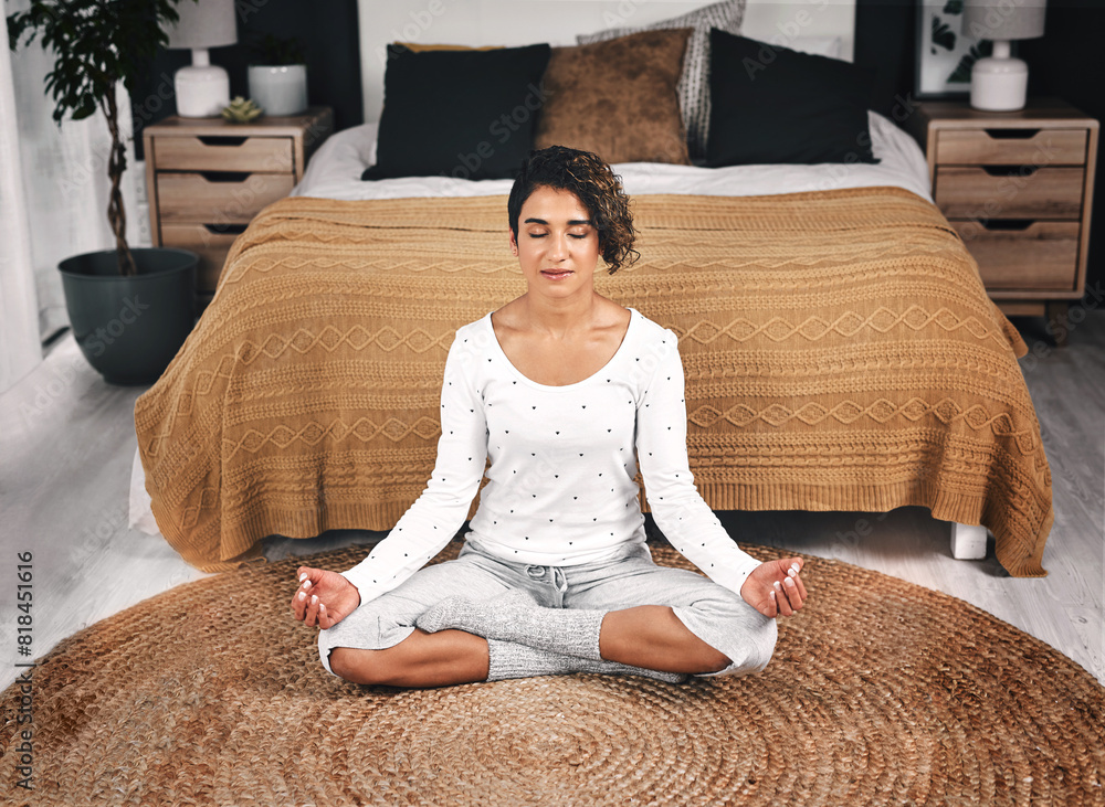 Poster Woman, relax and meditation on floor in bedroom for mindfulness, balance and mental health on weekend. Peace, home and zen person with chakra healing for holistic, awareness and connection on mat