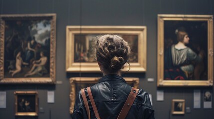 Rear view of a woman looking at a painting in art gallery.