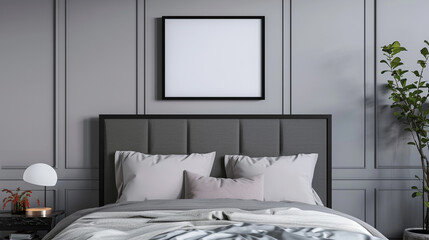 A bedroom wall mockup with a black frame above a gray bed with a panel headboard, harmonizing with the gray wall.