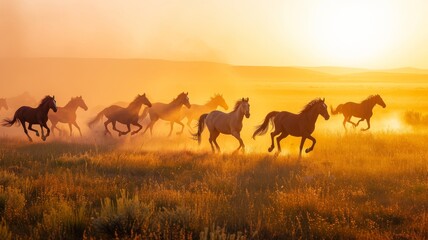 A wild horses running through a grassy meadow at sunrise