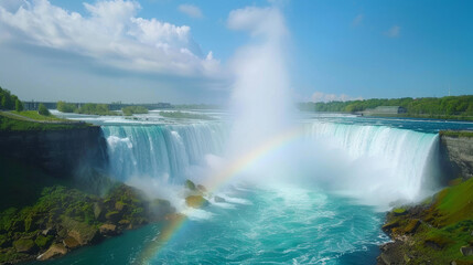 Fototapeta premium Niagara Falls with rainbow mist rising from the cascading water, providing space at the top for text