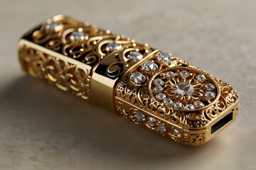 A luxurious USB stick fit for royalty, adorned with sparkling diamonds and intricate gold filigree on a textured surface that exudes opulence and sophistication