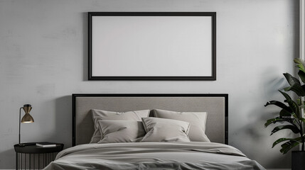 A bedroom wall mockup with a black frame above a gray bed with an adjustable headboard, blending with the gray wall.