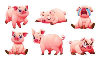 Collection of pig in various poses. Vector cartoon illustration