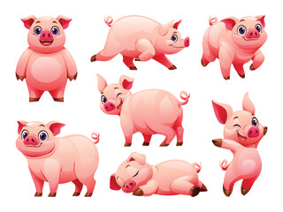 Set of pig in various poses. Vector cartoon illustration
