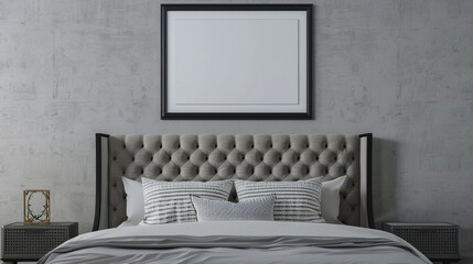 A bedroom wall mockup with a black frame above a gray bed with an upholstered headboard, set against a gray wall. - Powered by Adobe