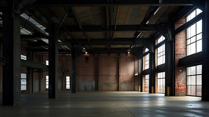 empty old warehouse interior,brick wall,concrete floor and black steel roof structure