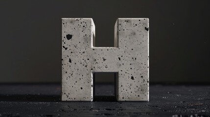 White concrete block with black speckles in the shape of the letter "H" on a dark background, front view.