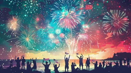 Fototapeta na wymiar Vibrant illustration of a fireworks display over a beach with people celebrating and waving United States flags