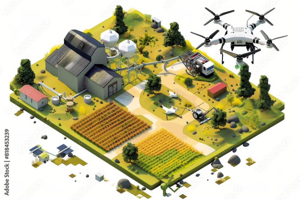 Poster agricultural drones use smart sensors to optimize crop irrigation and efficient water use in modern,