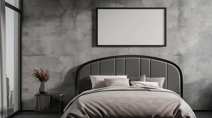 A bedroom wall mockup with a black frame above a gray bed with a curved headboard design, complementing the gray wall behind.