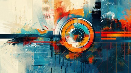 Cityscape reflection abstract painting of orange, blue, and black circle with urban skyline travel inspirations