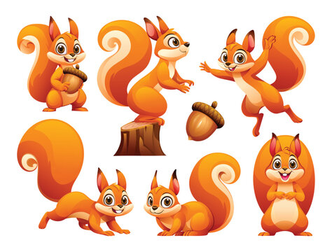 Set of squirrel in various poses. Vector cartoon illustration