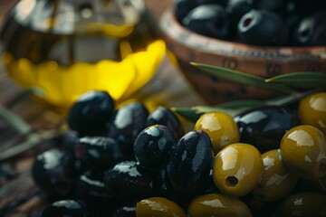 Olives raw from mix colors and on the wooden table