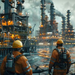 Fototapeta premium Two offshore oil rig workers in orange safety gear look towards a massive industrial refinery at dusk.