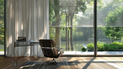 White curtain or blinds serving as sun protection in an office with a view of the garden