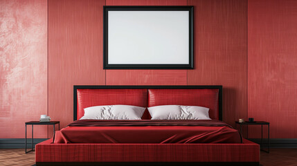 A bedroom wall mockup with a black frame above a red bed featuring a modern platform design, against a matching red wall.