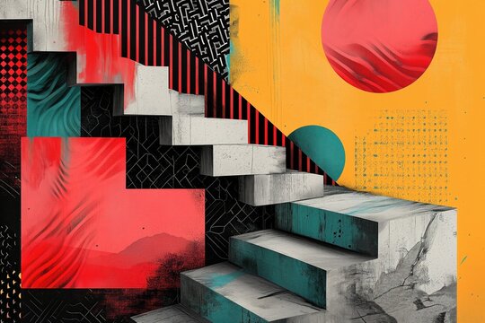 Abstract Stairs Geometric House Artwork, Colorful Background Retro Dream Fine Art Vintage Surreal Psychedelic Home Decor Vivid Minimalist Wallpaper, Vibrant Poster Print Design, Wild Digital Backdrop