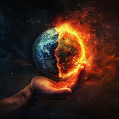 Divided planet in a hand, one side in flames, the other flourishing, artistic, bright and dark contrast, digital painting, environmental awareness. 