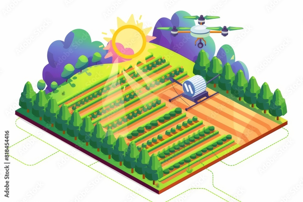Poster precision sensors in drones aid sustainable agriculture, focusing on efficient water use and smart c