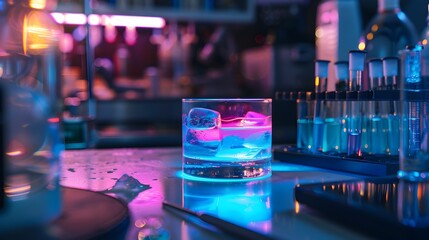 Bioluminescent Cocktail Glowing in Vibrant Colors Against Lab Equipment Backdrop