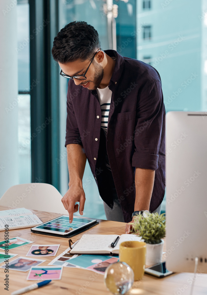 Aufkleber tablet, research and man in office for graphic design, planning and online project notes at agency. 