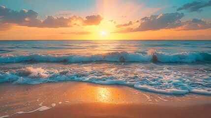 Obraz premium A beautiful sunset over the ocean, with waves crashing against the shore and vibrant colors in the sky. 