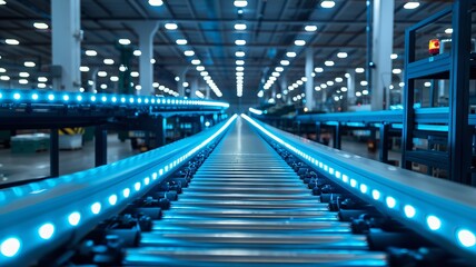 Efficient conveyor belts transport goods under soft blue and white lights