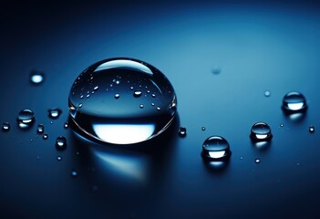 blue drop of water with droplets on it, in the style of realistic hyper-detail, dark sky-blue and navy, environmental awareness.