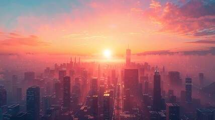 Fototapeta premium Sunrise over a futuristic cityscape with soft orange and pink hues dominating