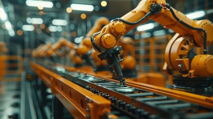 Smart factory technology in a manufacturing process, featuring industrial robotics and automation