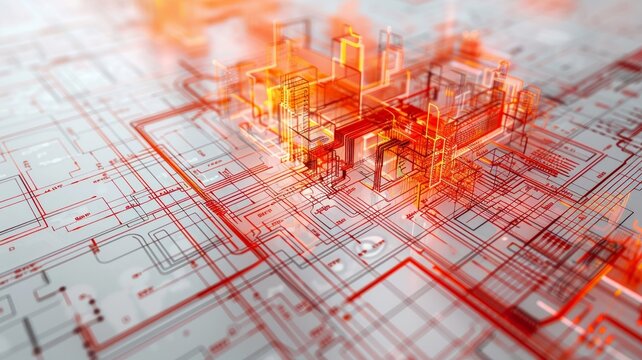 Electrical engineering plans with bright red and orange wiring on cool grey background