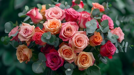 A bouquet of roses in various shades, including pink and peach, with eucalyptus leaves wrapped around the base.
