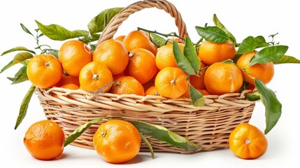 Wicker basket filled with fresh, ripe oranges and green leaves, showcasing a colorful and delicious citrus fruit harvest.