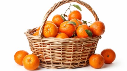 A wicker basket overflowing with fresh oranges, with a few oranges scattered around it against a white background.
