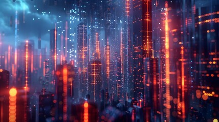 A cityscape made of glowing data points and bar graphs, symbolizing the beauty in numbers.
