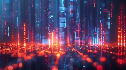 A cityscape made of glowing data points and bar graphs, symbolizing the beauty in numbers.
