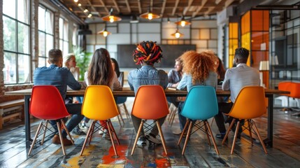 Minimal colorful business meeting with an alien sporting a multicolored braided hairstyle