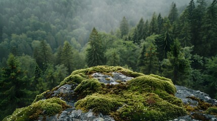 Moss growing on top of a rock, surrounded by a dense forest in the background, nature photography.
