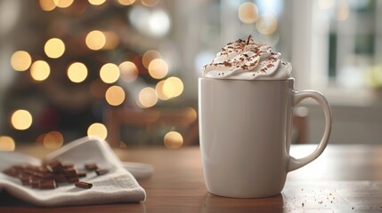 A cozy white mug of hot cocoa topped with whipped cream and chocolate, perfect for warm holiday moments.