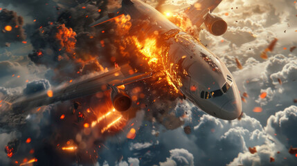 Airplane disintegrates in mid-air, explosions and sparks filling the sky.
